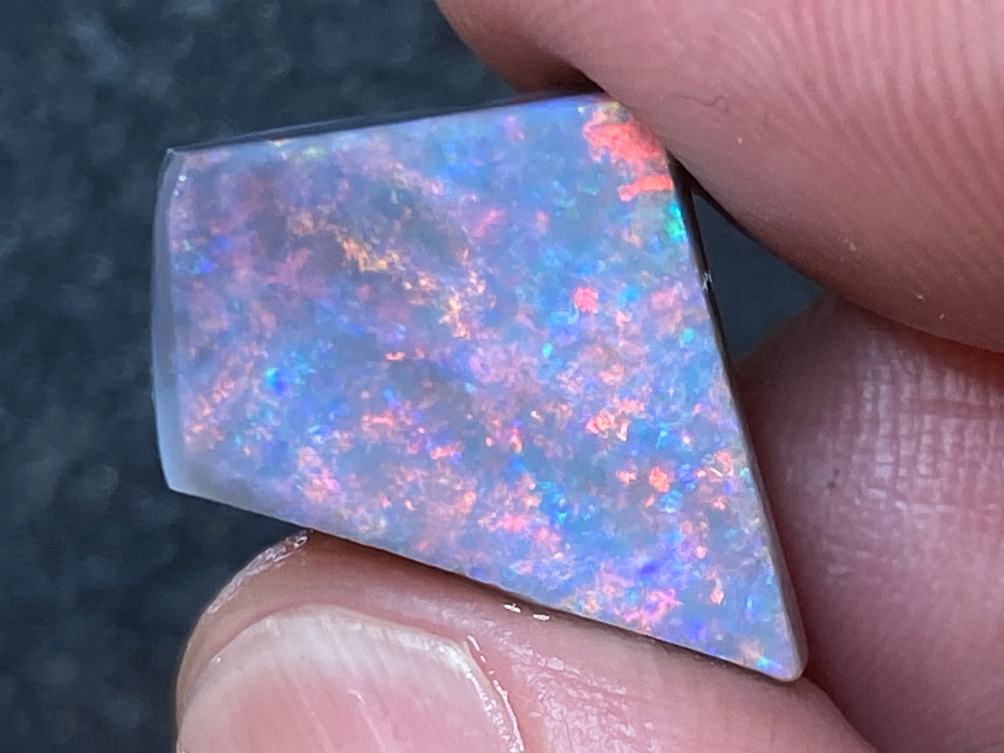 17 克拉天然澳大利亚蛋白石包裹,Mintabi 磨砂,2 颗宝石,深色底座上有彩虹
