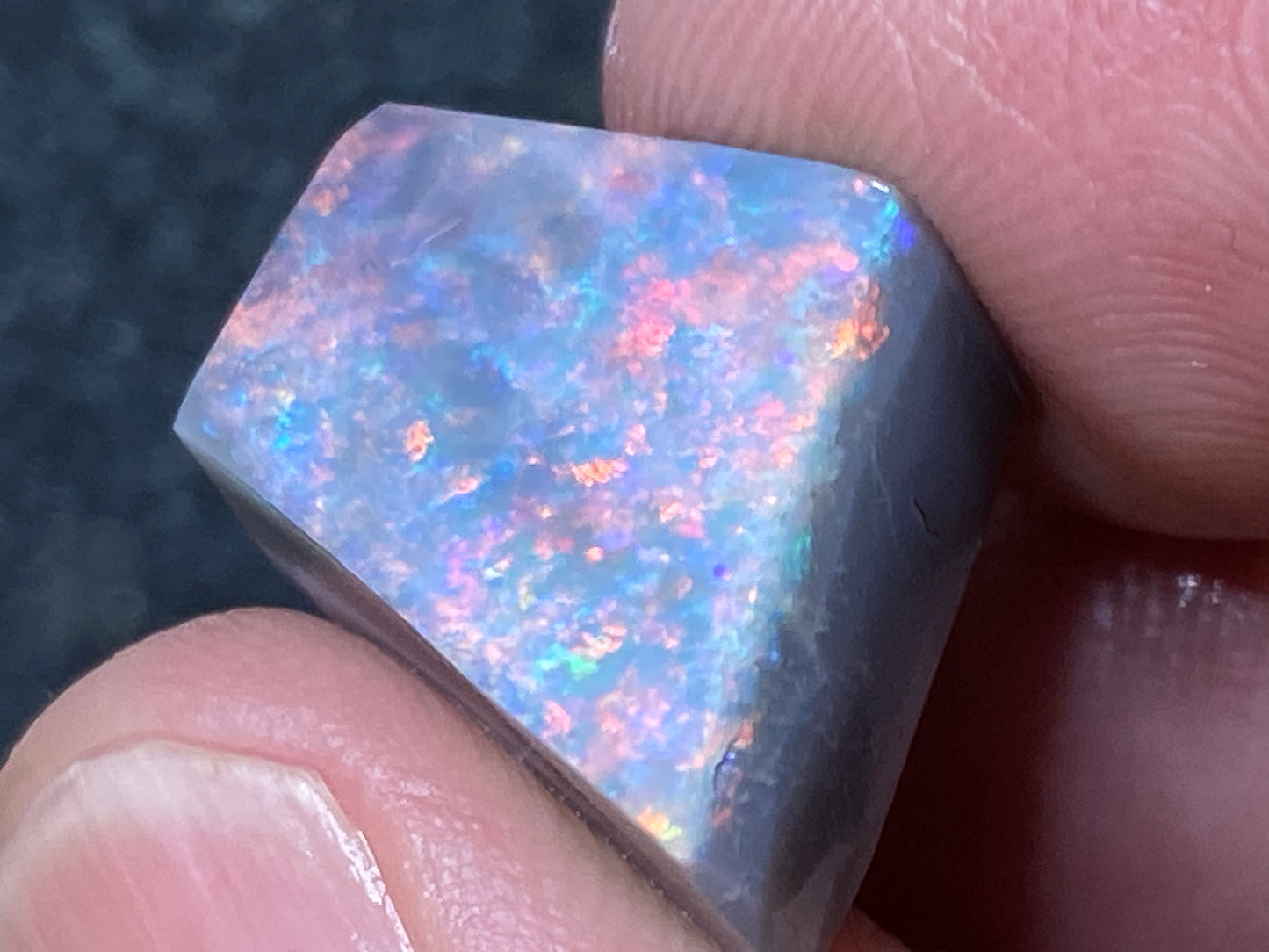 17 克拉天然澳大利亚蛋白石包裹,Mintabi 磨砂,2 颗宝石,深色底座上有彩虹