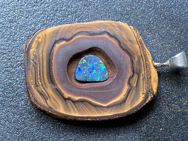 45Cts Natural Australian Opal Pendant, Yowah Nut With Polished Lightning Ridge Black Opal