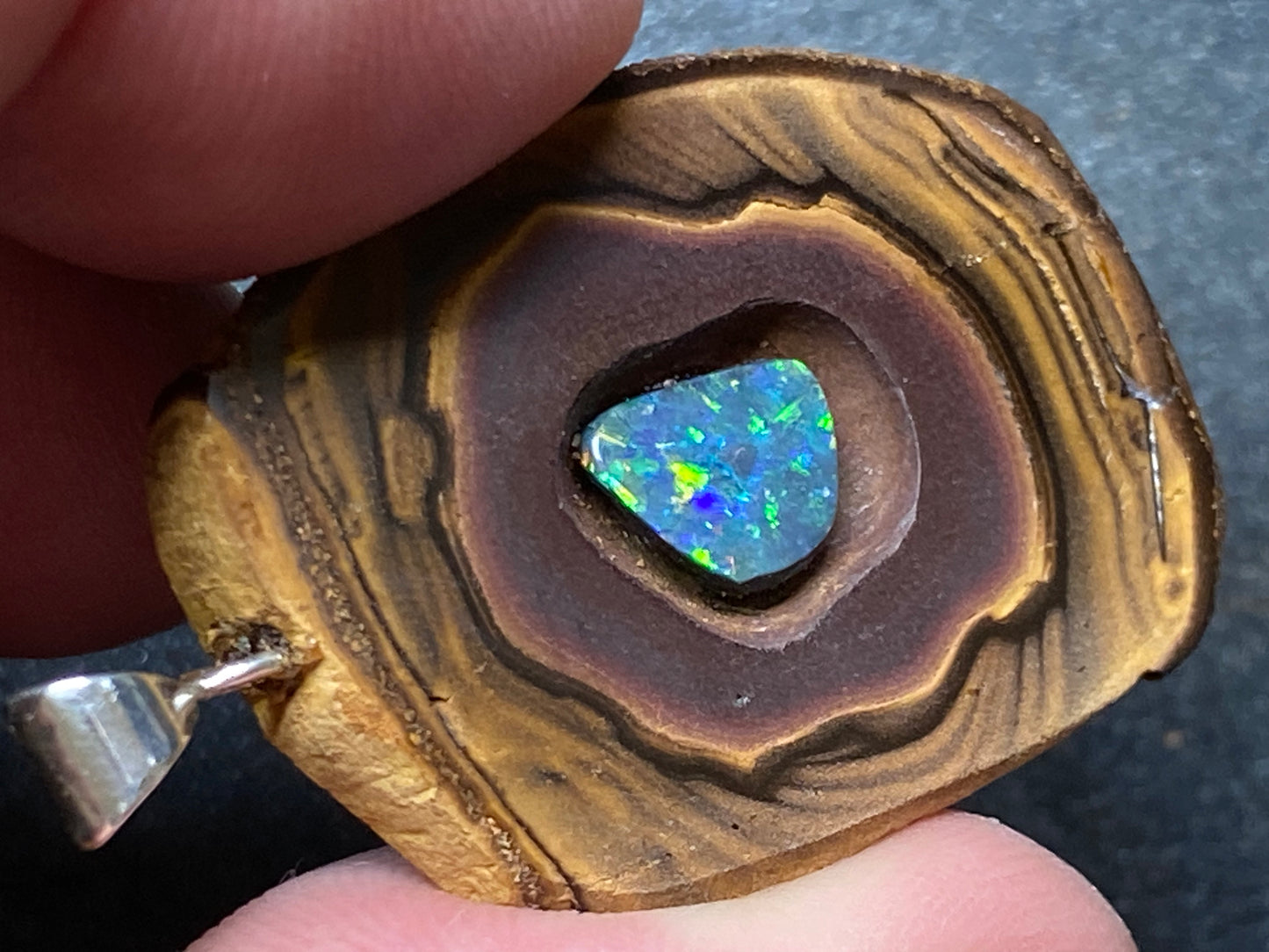 45Cts Natural Australian Opal Pendant, Yowah Nut With Polished Lightning Ridge Black Opal