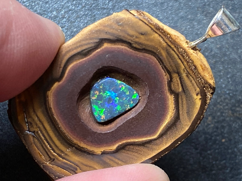45Cts Natural Australian Opal Pendant, Yowah Nut With Polished Lightning Ridge Black Opal