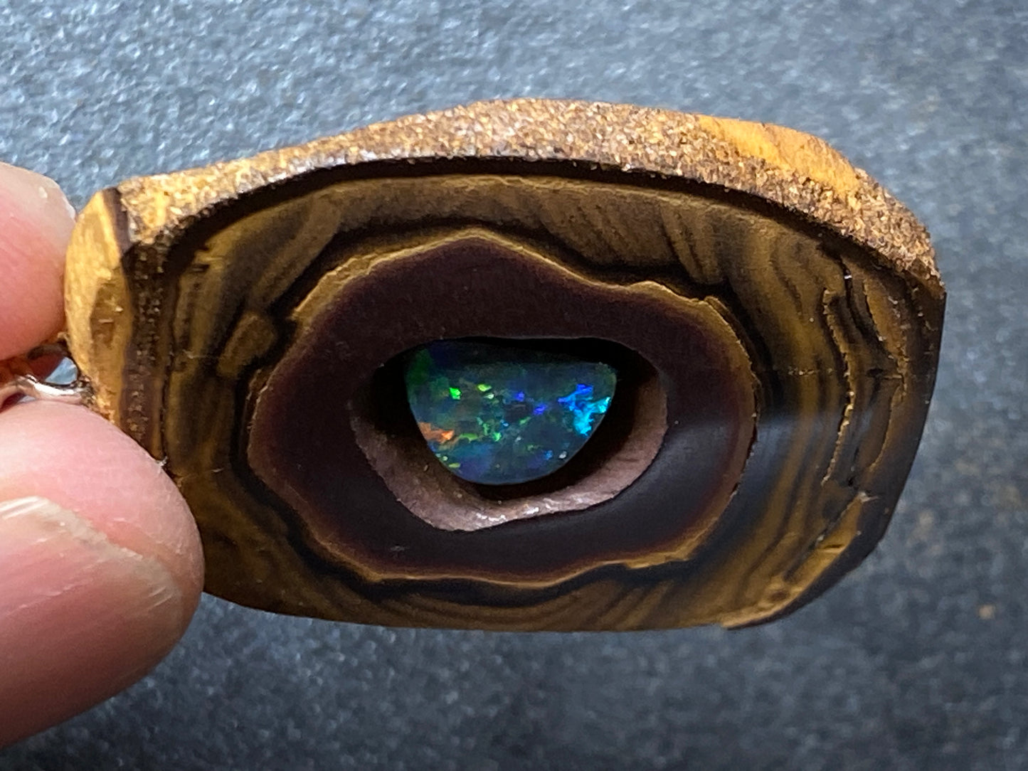 45Cts Natural Australian Opal Pendant, Yowah Nut With Polished Lightning Ridge Black Opal
