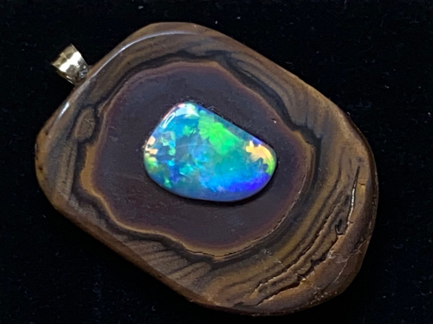 33 Cts, Natural Australian Opal Pendant, Polished Yowah Nut with Lightning Ridge Multicolour Solid Opal