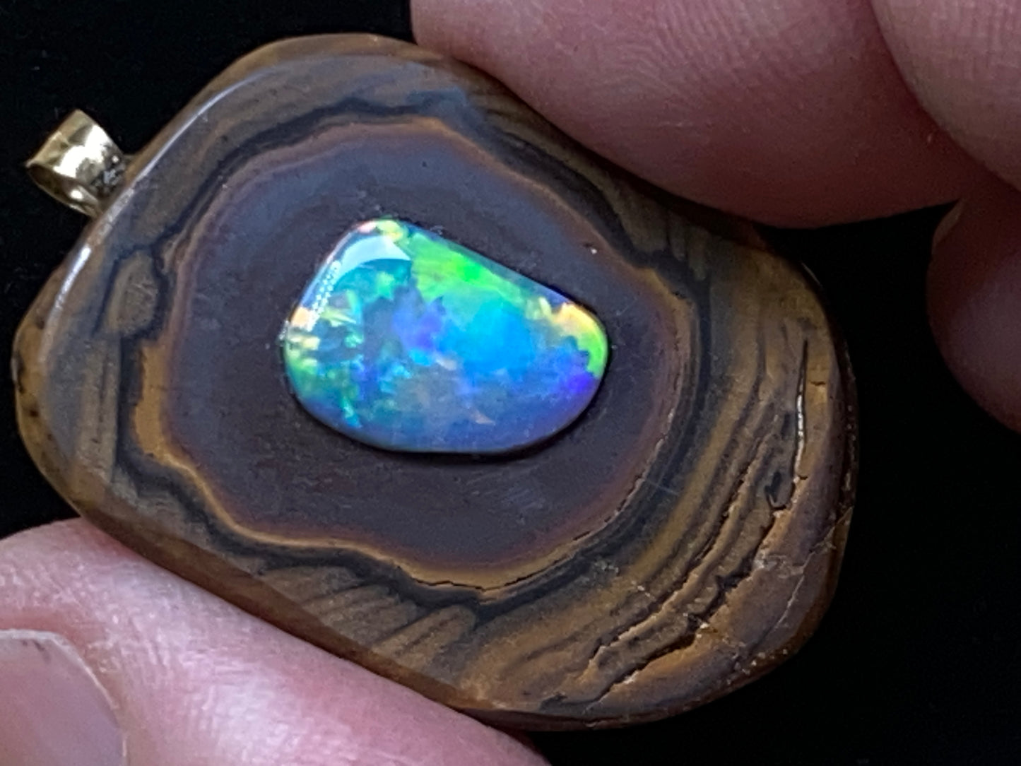 33 Cts, Natural Australian Opal Pendant, Polished Yowah Nut with Lightning Ridge Multicolour Solid Opal