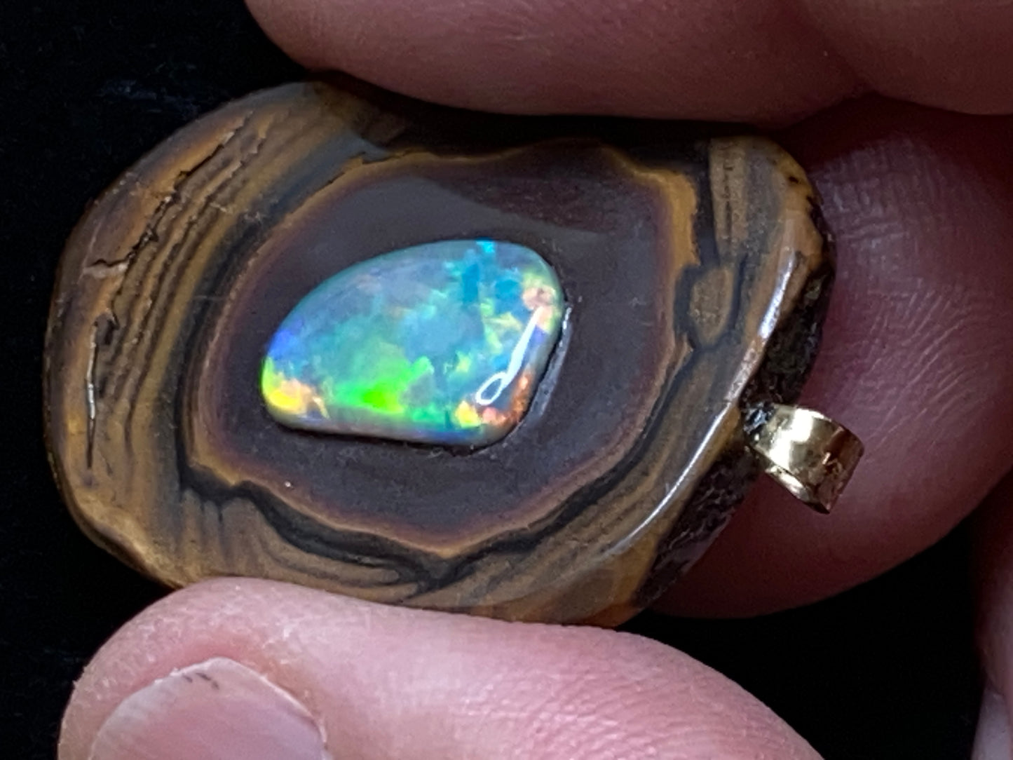 33 Cts, Natural Australian Opal Pendant, Polished Yowah Nut with Lightning Ridge Multicolour Solid Opal