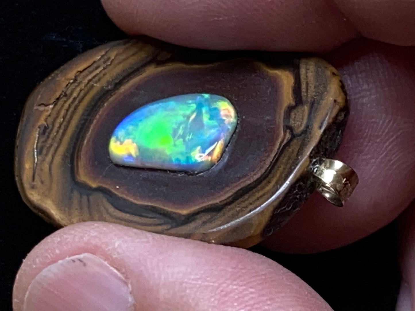 33 Cts, Natural Australian Opal Pendant, Polished Yowah Nut with Lightning Ridge Multicolour Solid Opal