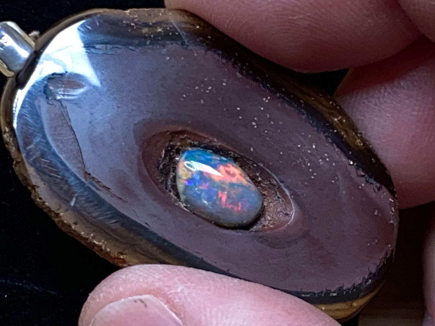 68 Cts, Natural Australian Opal Pendant, Polished Yowah Nut with Lightning Ridge Multicolour Solid Opal
