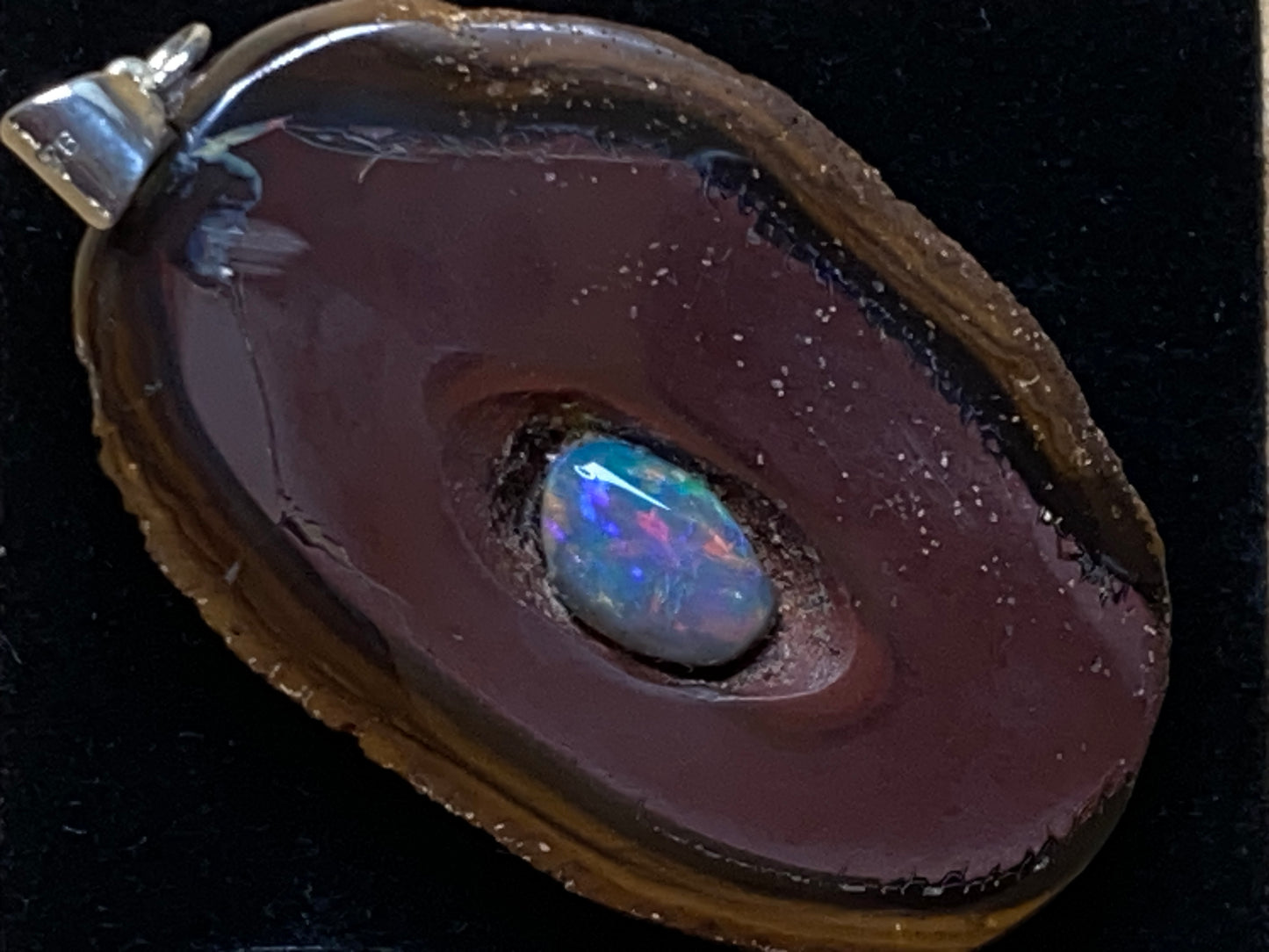 68 Cts, Natural Australian Opal Pendant, Polished Yowah Nut with Lightning Ridge Multicolour Solid Opal