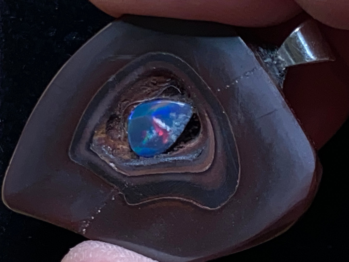 56 Cts, Natural Australian Opal Pendant, Polished Yowah Nut with Lightning Ridge Multicolour Solid Opal