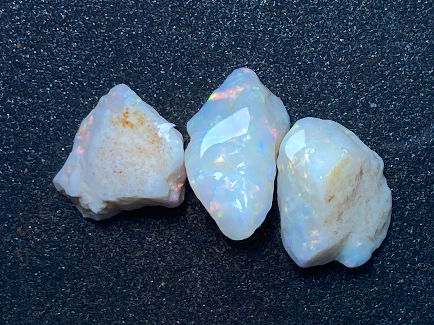28 Cts Natural Australian Opal Parcel, 3 Stones In The Rough, White Coober Pedy, Rainbow Of Colours