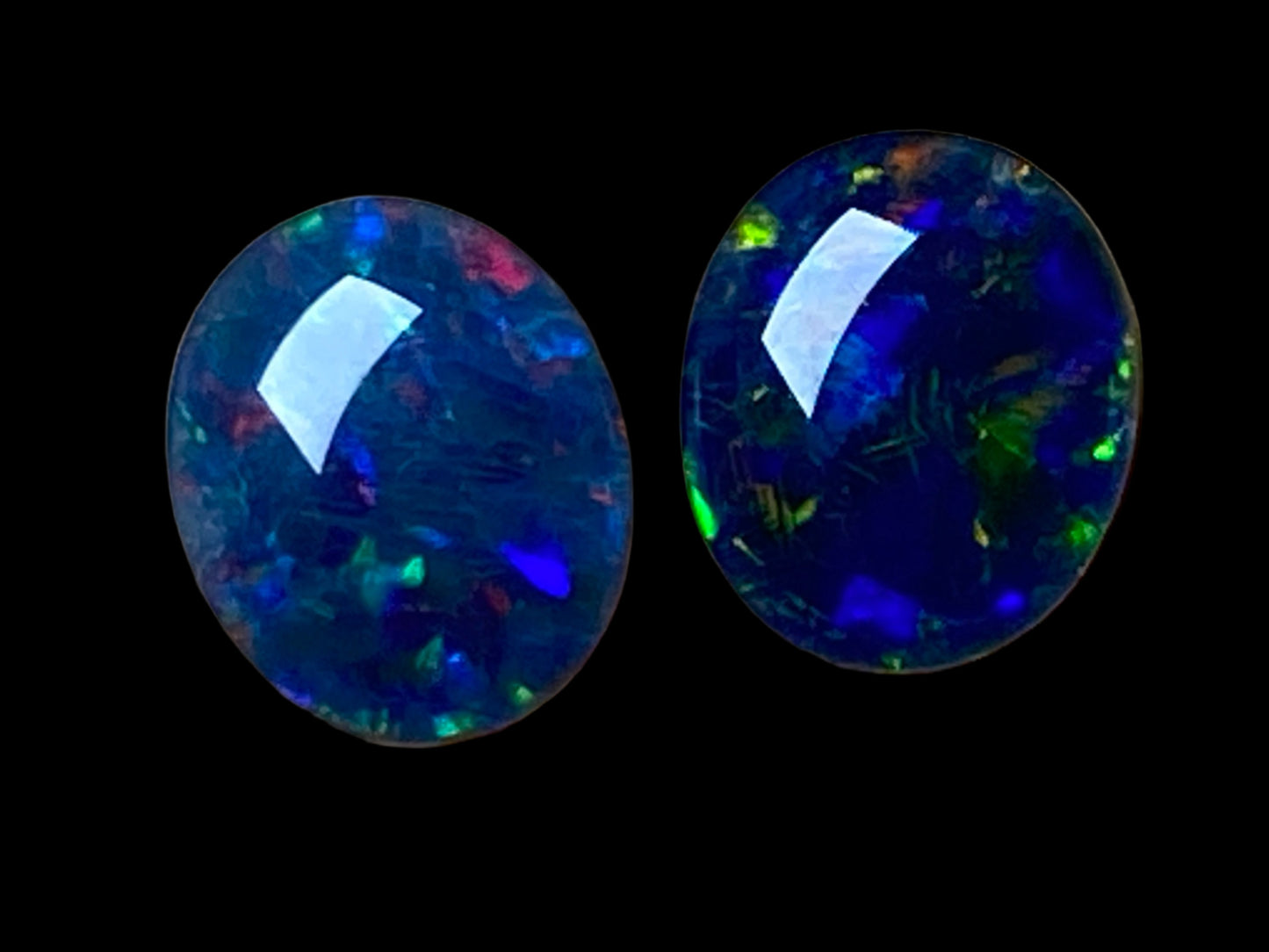 Natural Australian Opal Triplet Pair, Black With Very Bright Greens, Reds and Blues 12x10mm