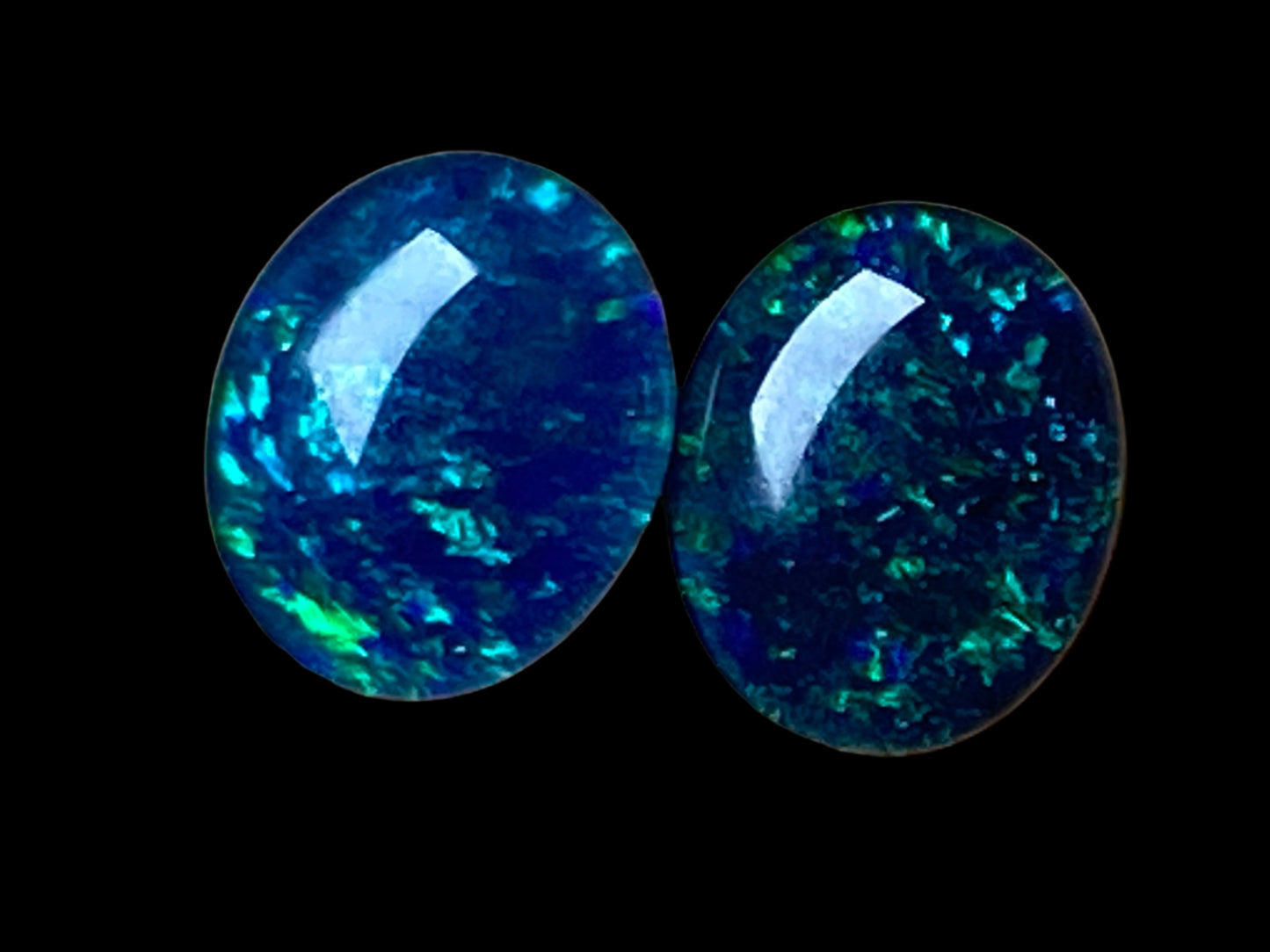Natural Australian Opal Triplet Pair, Black With Very Bright Greens and Blues 12x10mm