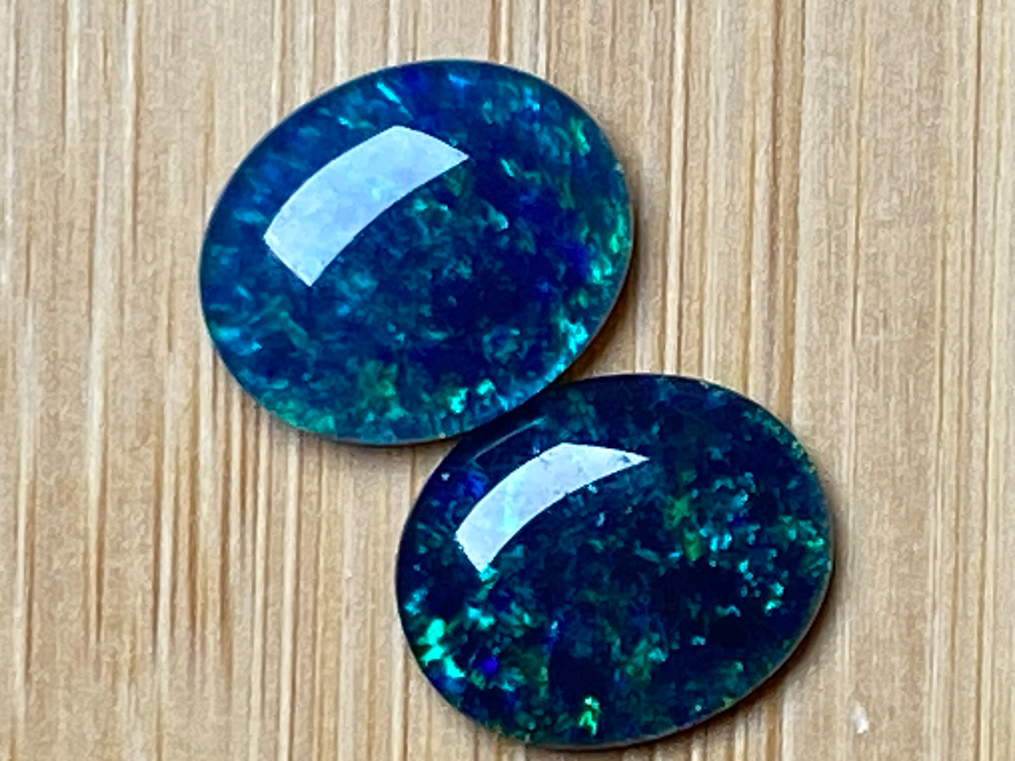 Natural Australian Opal Triplet Pair, Black With Very Bright Greens and Blues 12x10mm