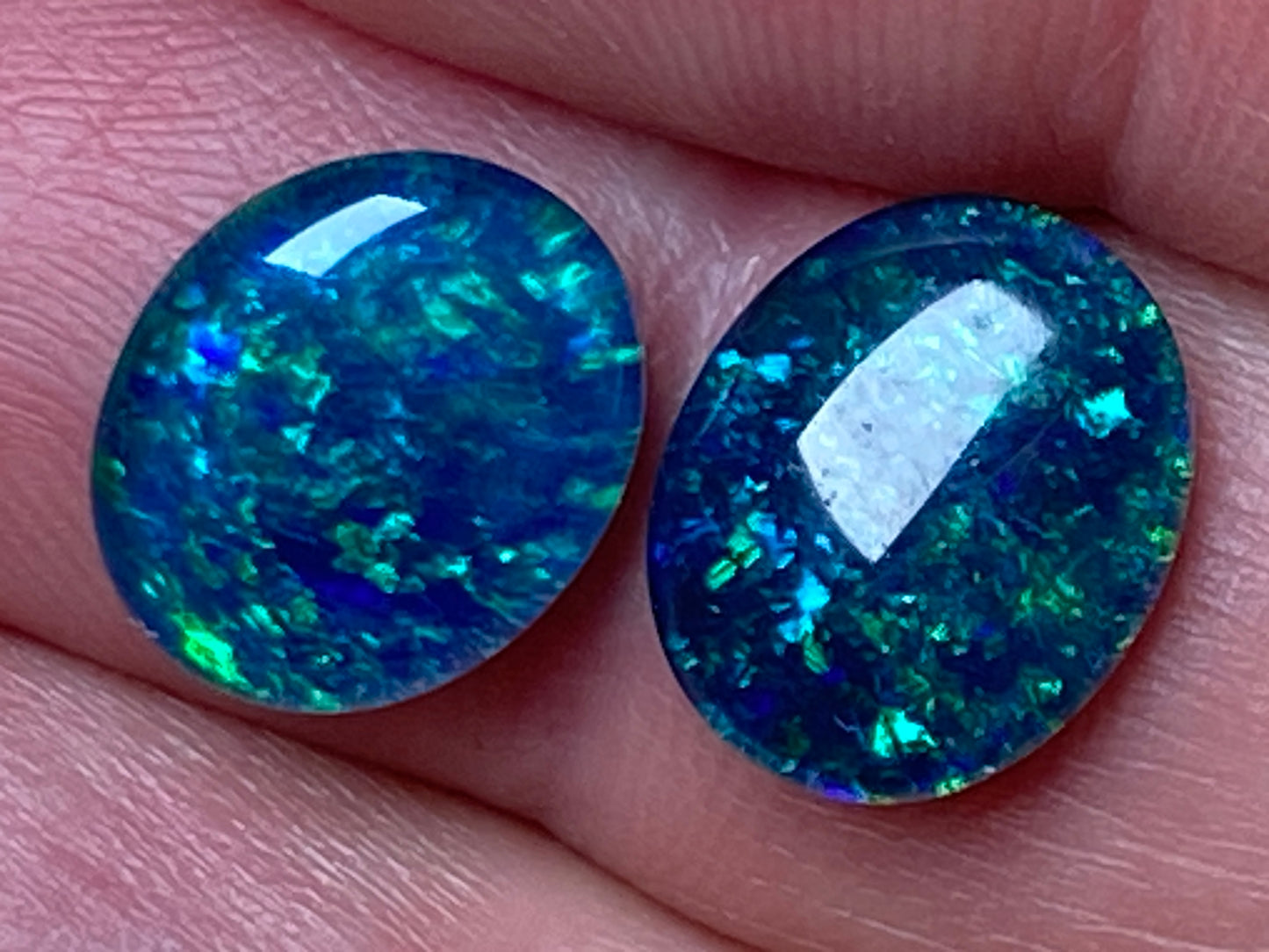 Natural Australian Opal Triplet Pair, Black With Very Bright Greens and Blues 12x10mm