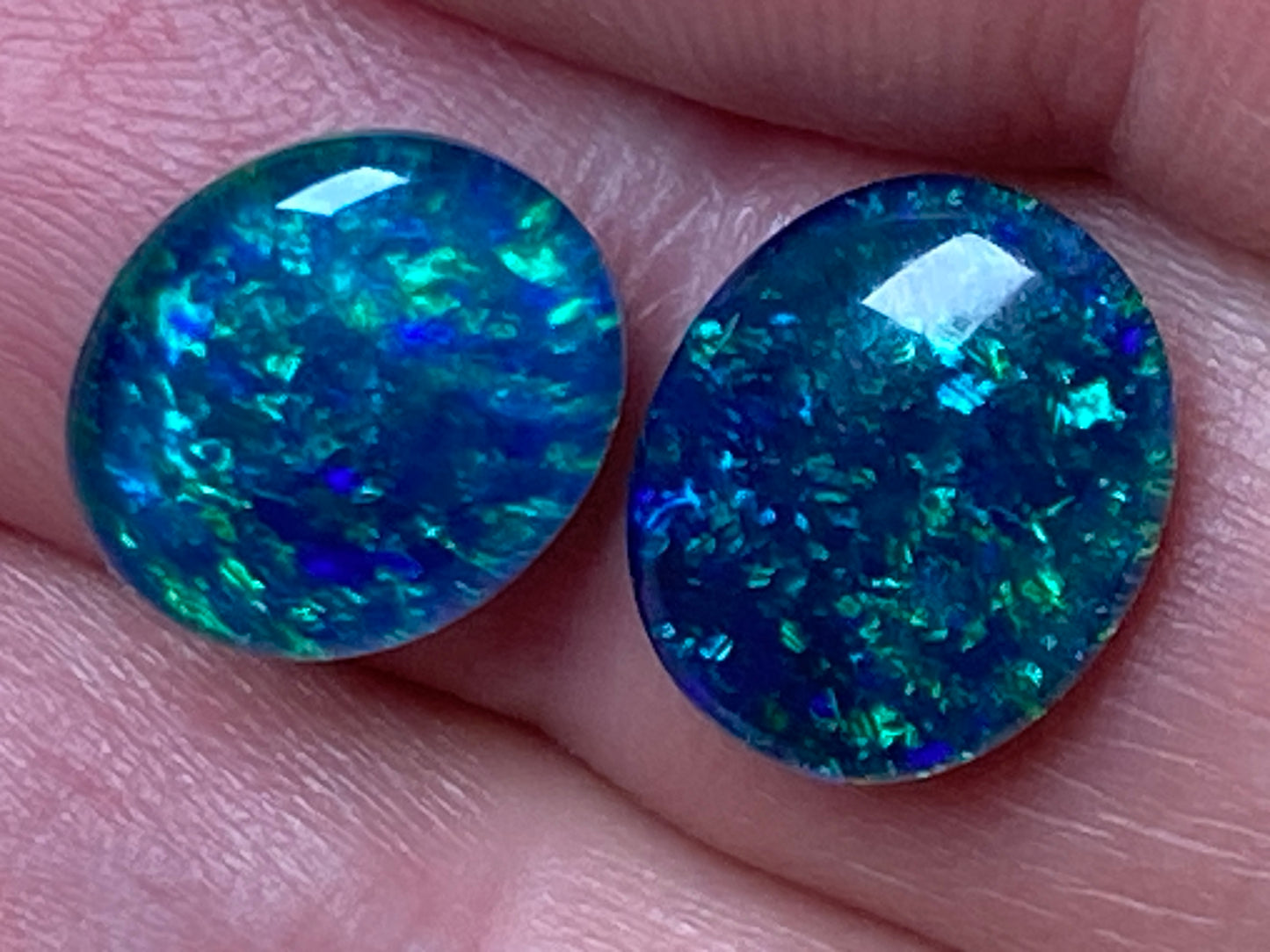 Natural Australian Opal Triplet Pair, Black With Very Bright Greens and Blues 12x10mm