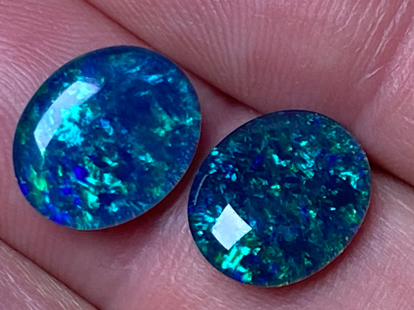 Natural Australian Opal Triplet Pair, Black With Very Bright Greens and Blues 12x10mm