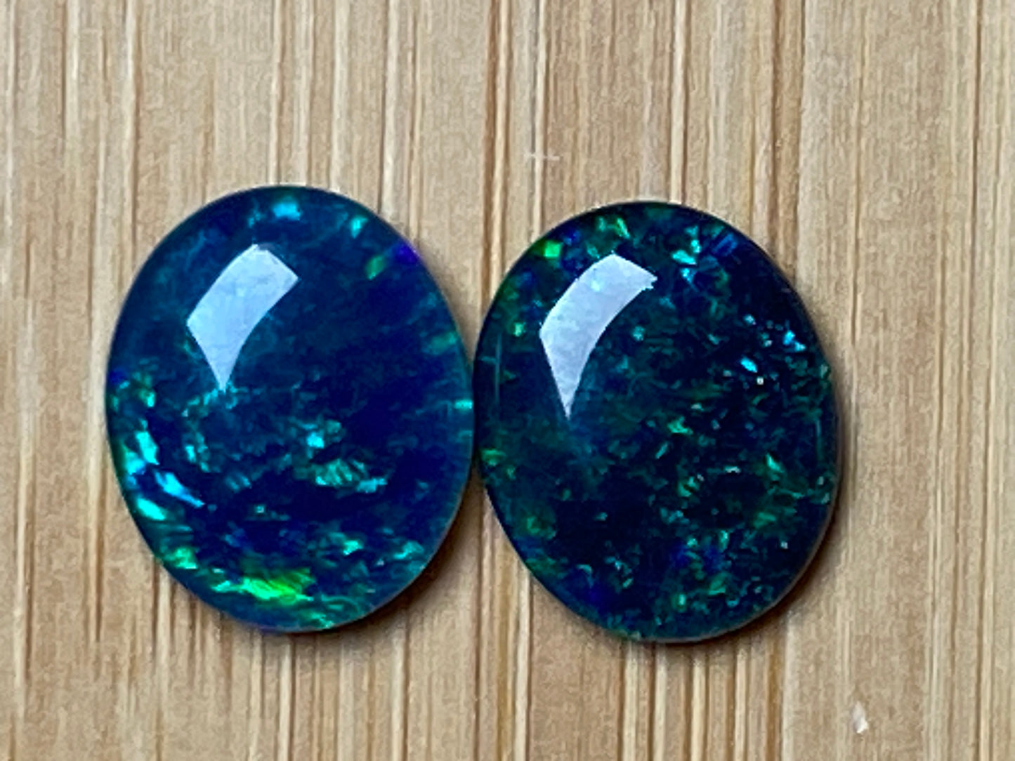 Natural Australian Opal Triplet Pair, Black With Very Bright Greens and Blues 12x10mm