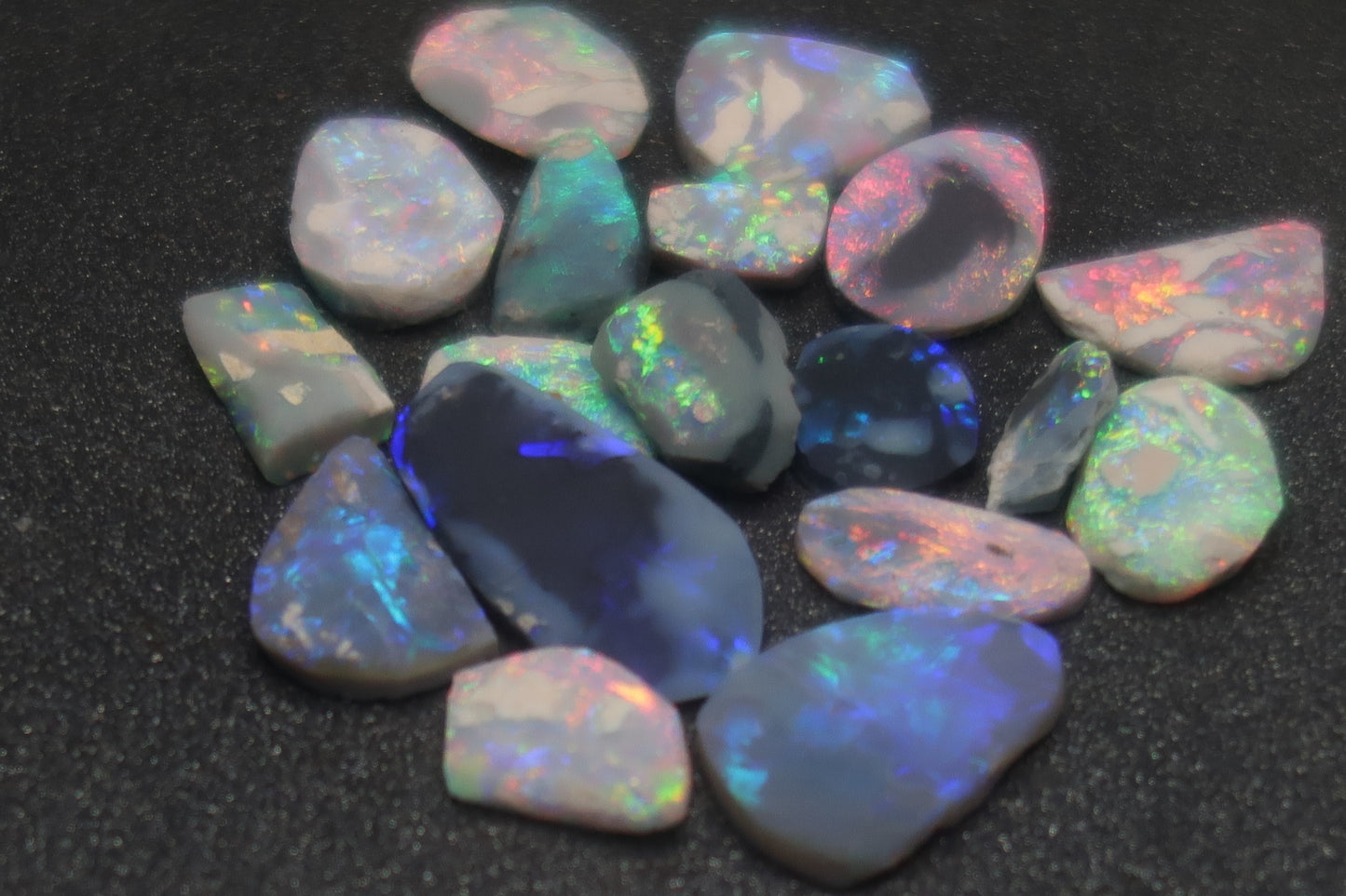 38cts Natural Australian Opal Rubs Parcel, 17 Small Stones, Bright, Black Lightning Ridge - Australian Opal Store