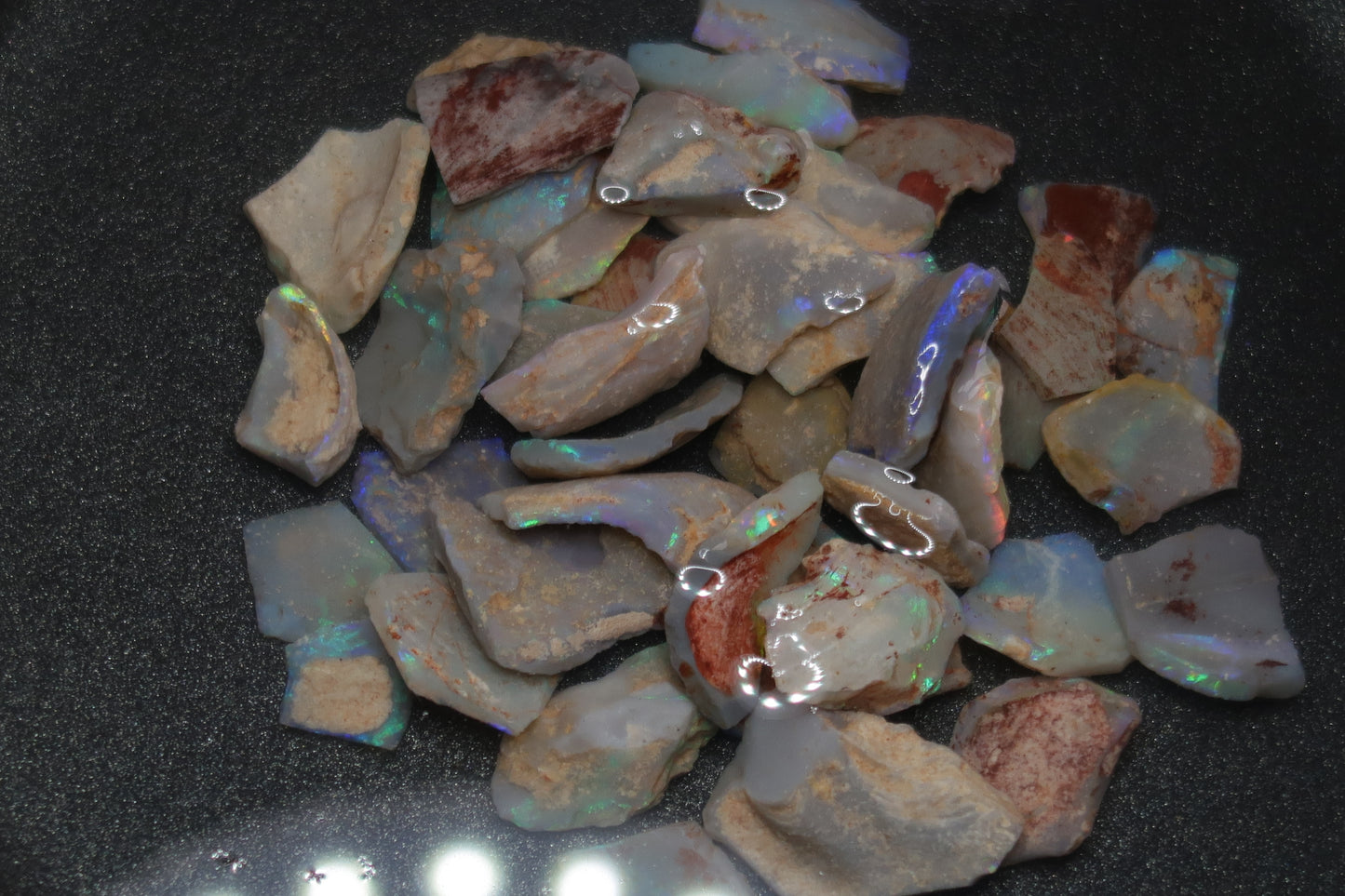 1oz Natural Australian Opal Parcel, Shell Pieces In The Rough, Dark Base