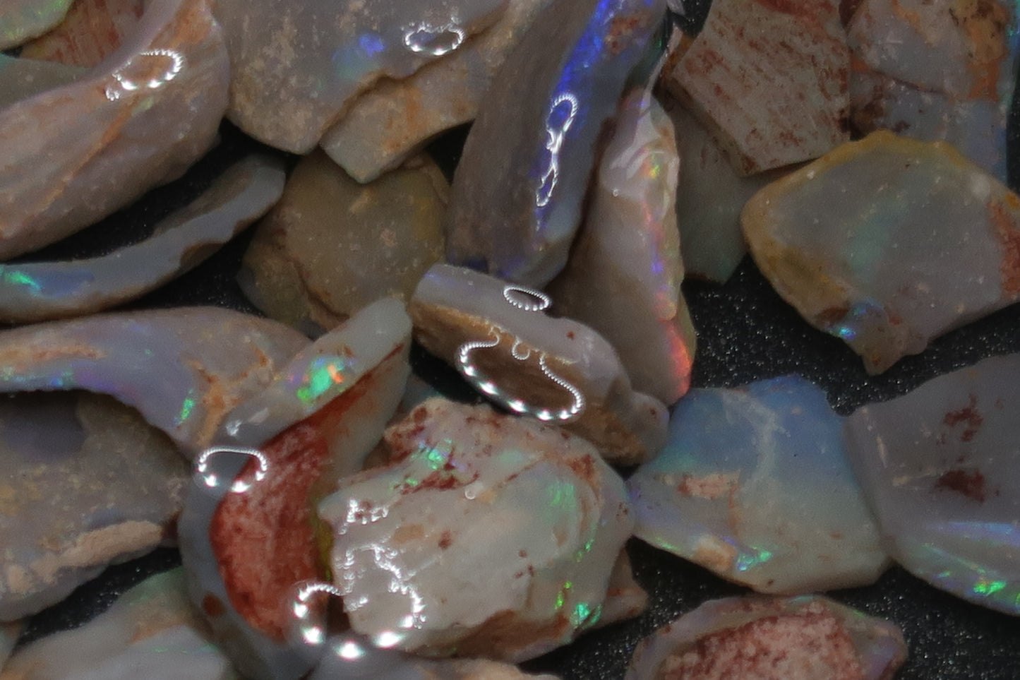 1oz Natural Australian Opal Parcel, Shell Pieces In The Rough, Dark Base