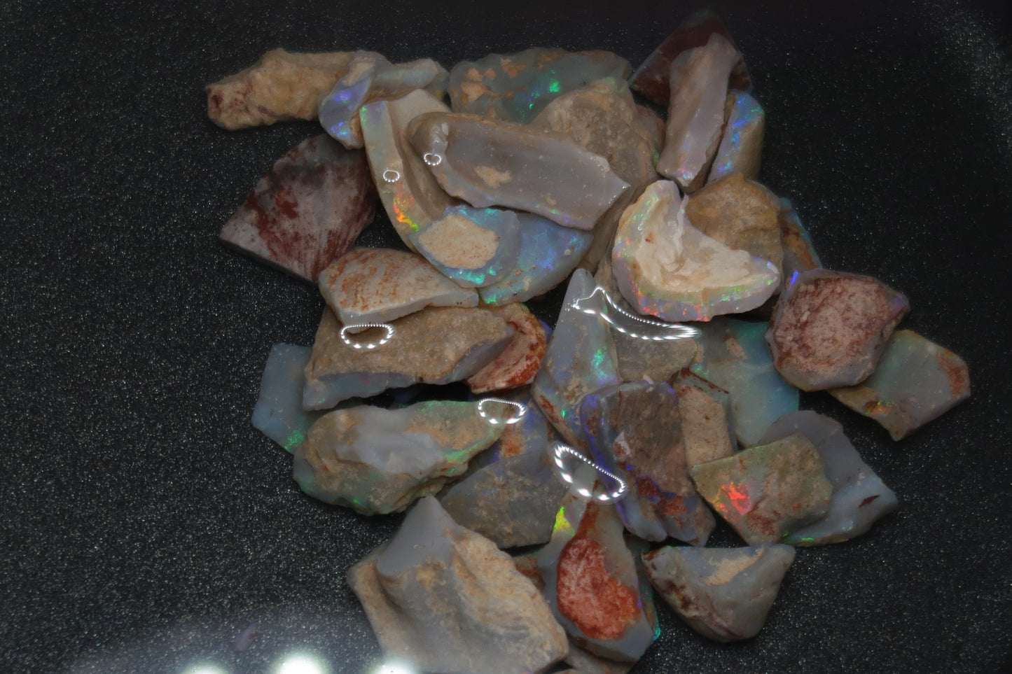 1oz Natural Australian Opal Parcel, Shell Pieces In The Rough, Dark Base