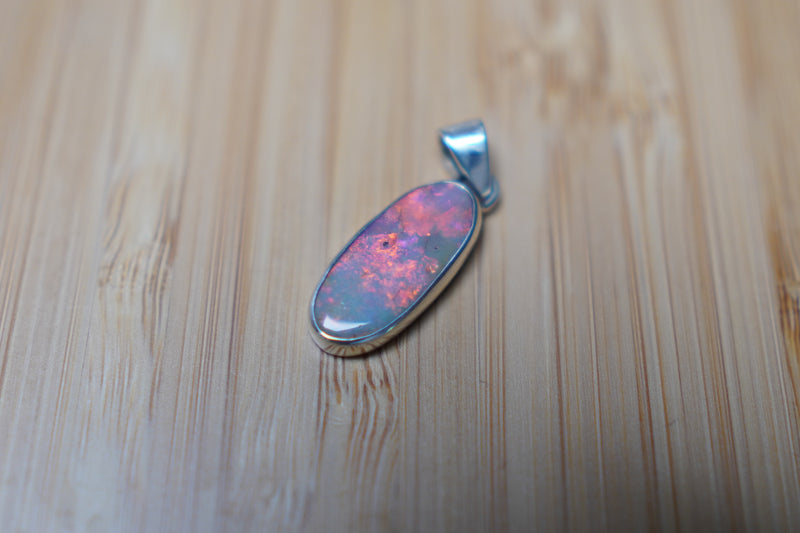 Natural Australian Opal Pendant, Coober Pedy Crystal In Silver, Red Fire