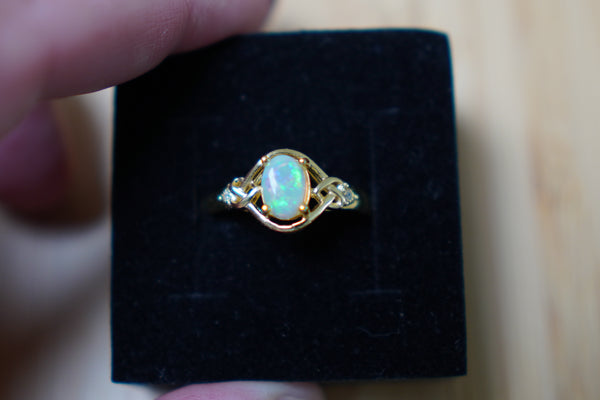 Natural Australian Gold Plated Opal Ring, Lightning Ridge Crystal, Electric Green, Size 8