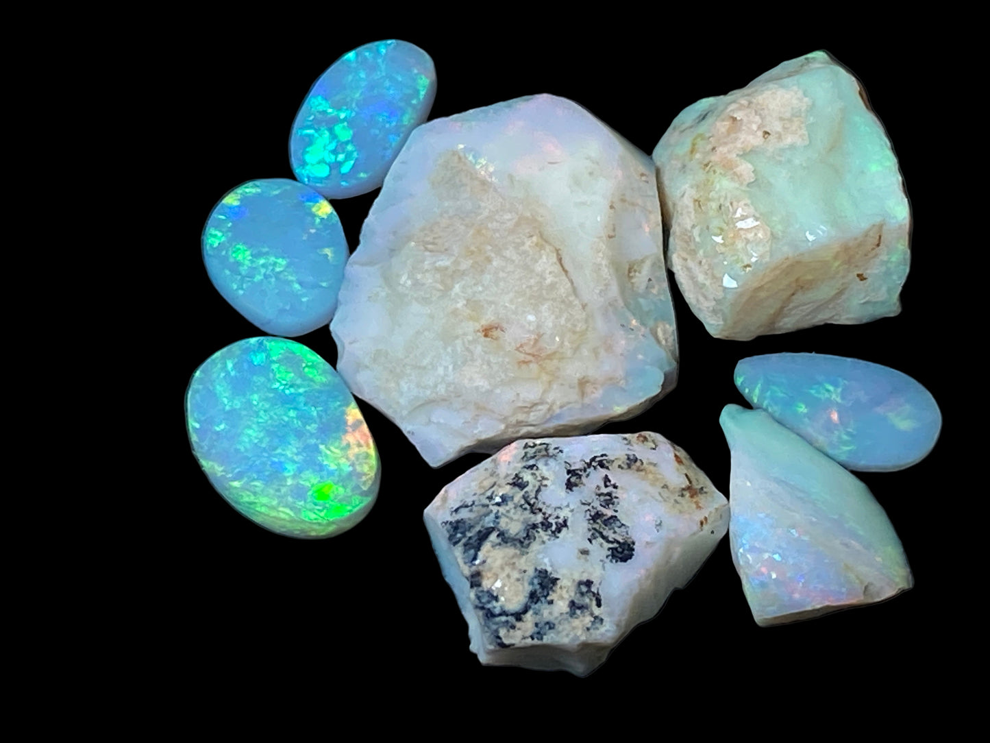 110 Carats Natural Australian Opal Parcel, Rough and Rubs, 8 Stones, 17 Mile Field
