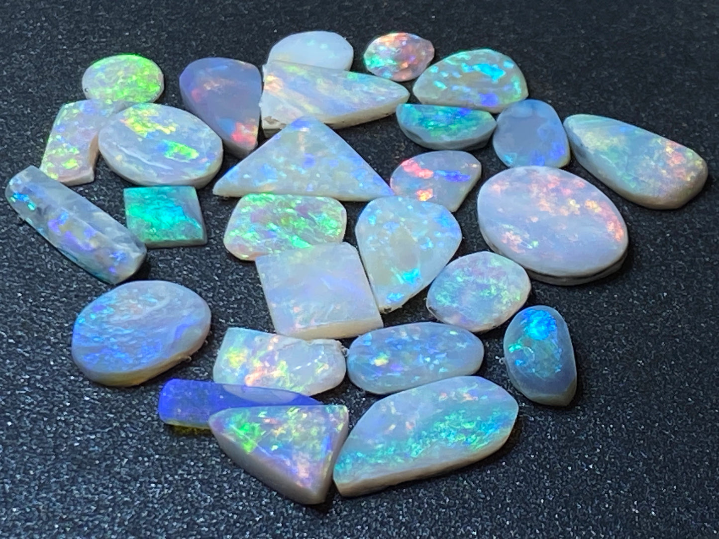 47 Cts Natural Australian Opal Parcel, 27 Small Stones In Rubs and Rough Form, Bright Full Spectrum Of Colours