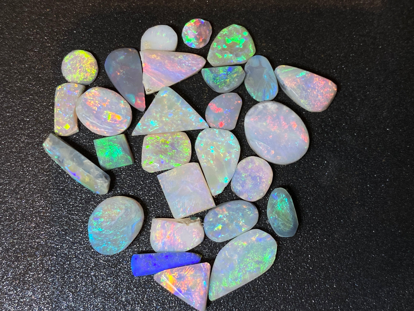 47 Cts Natural Australian Opal Parcel, 27 Small Stones In Rubs and Rough Form, Bright Full Spectrum Of Colours