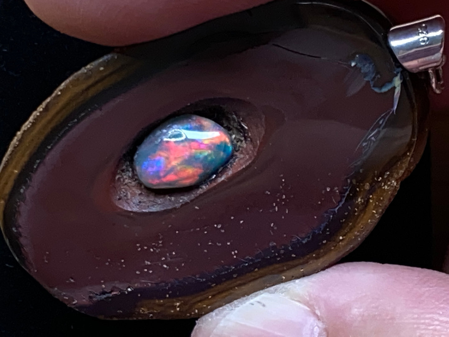 68 Cts, Natural Australian Opal Pendant, Polished Yowah Nut with Lightning Ridge Multicolour Solid Opal