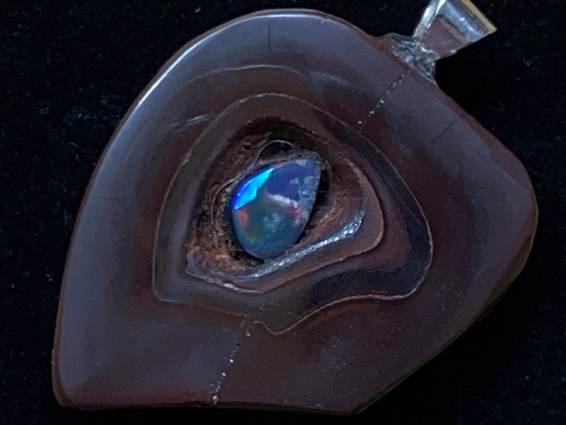 56 Cts, Natural Australian Opal Pendant, Polished Yowah Nut with Lightning Ridge Multicolour Solid Opal