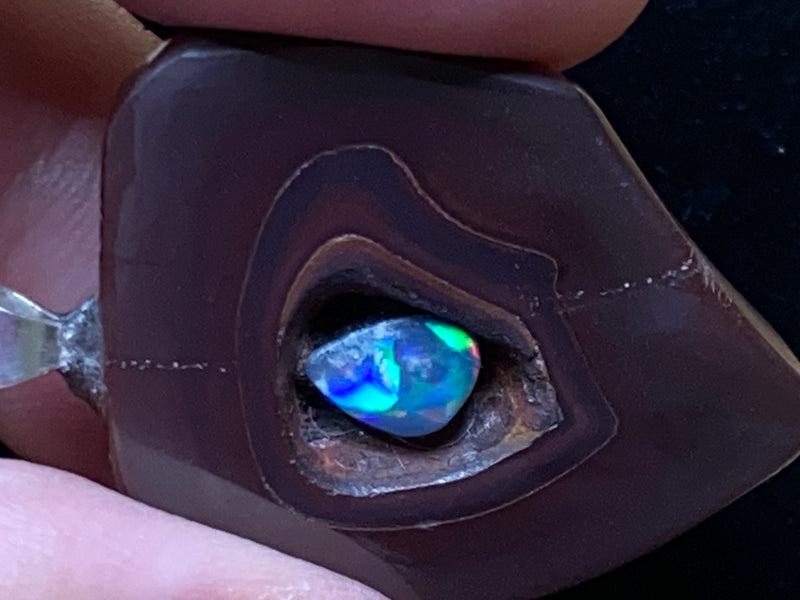 56 Cts, Natural Australian Opal Pendant, Polished Yowah Nut with Lightning Ridge Multicolour Solid Opal