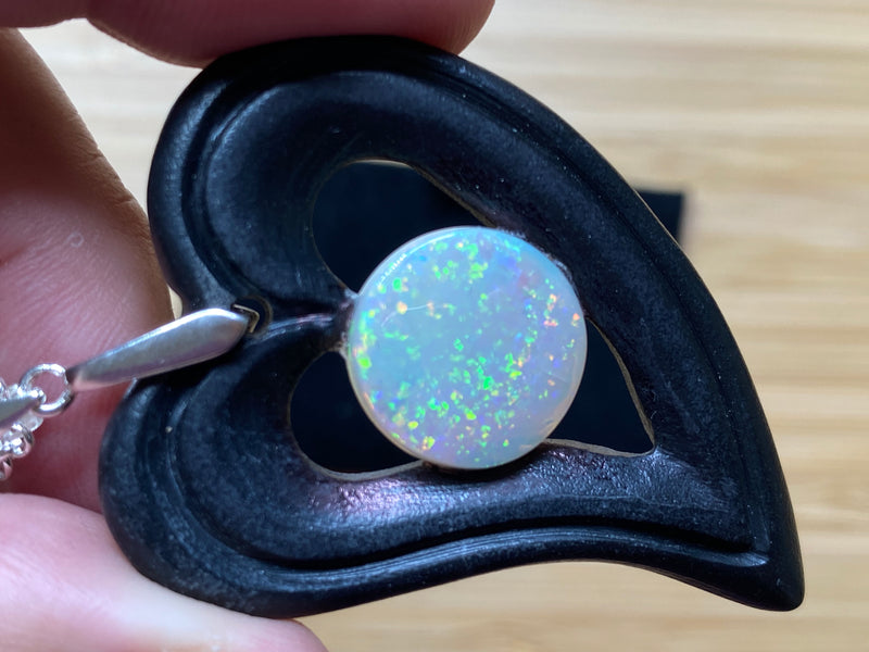 Natural Australian Opal Pendant Necklace, 5 Cts Coober Pedy Round Solid in Black Heart.