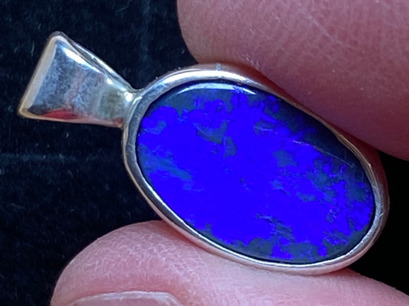 Natural Solid Australian Black Opal Pendant, Beautiful Blues In Sterling Silver