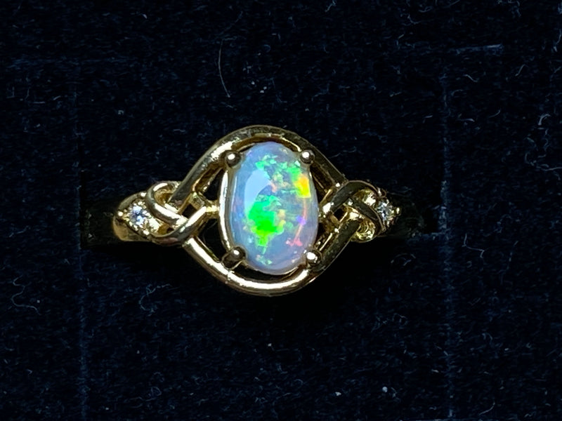 Natural Australian Gold Plated Solid Opal Ring, Lightning Ridge Crystal, Electric Green, Size 8