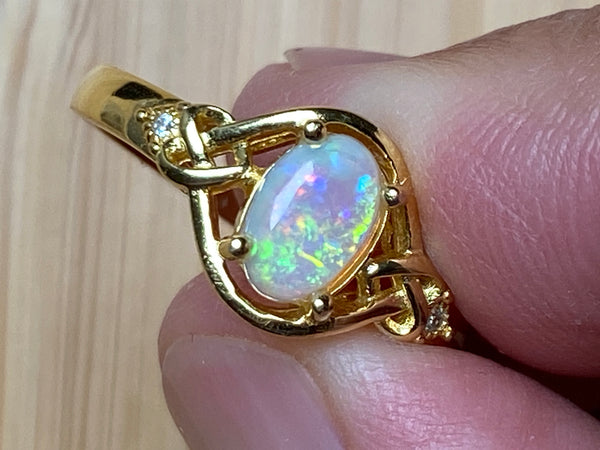 Natural Australian Gold Plated Solid Opal Ring, Lightning Ridge Crystal, Electric Green, Size 8