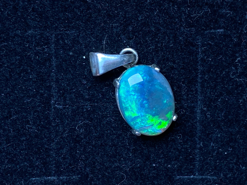 Natural Australian Solid Opal Pendant, Lightning Ridge Dark Crystal In Claw Silver Setting