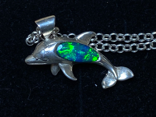 Natural Australian Opal Pendant, Silver Dolphin, Lightning Ridge Dark/Black, Bright Green and Blues