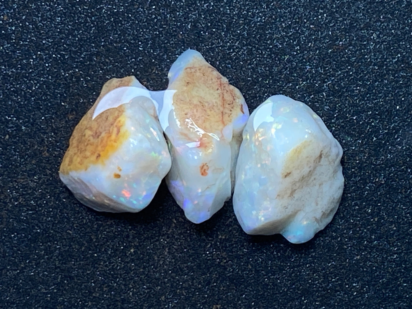 28 Cts Natural Australian Opal Parcel, 3 Stones In The Rough, White Coober Pedy, Rainbow Of Colours