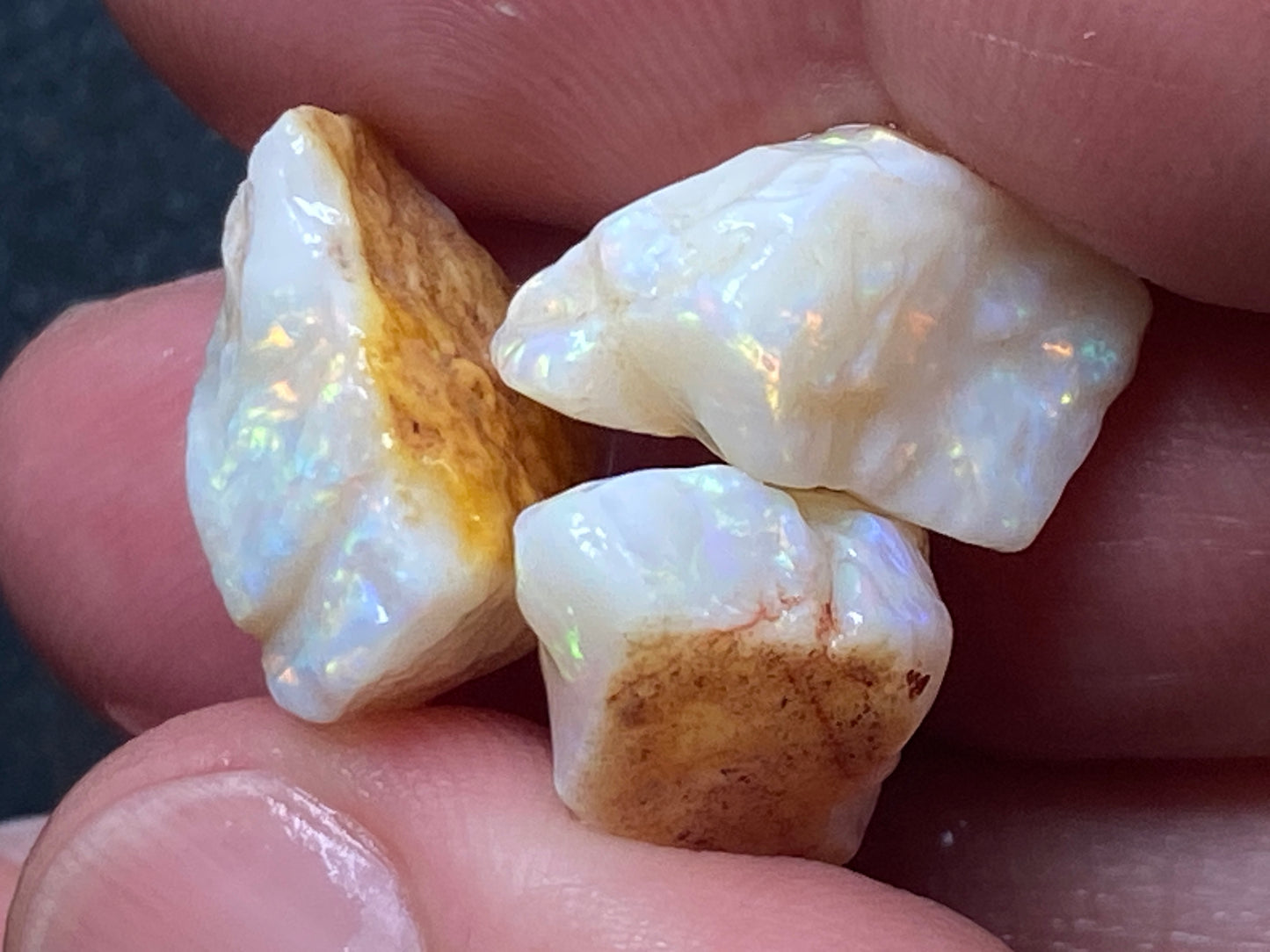 28 Cts Natural Australian Opal Parcel, 3 Stones In The Rough, White Coober Pedy, Rainbow Of Colours