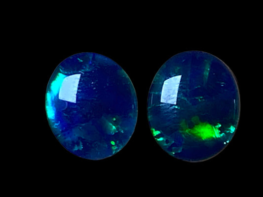 Natural Australian Opal Triplet Pair, Black With Very Bright Greens and Blues 12x10mm