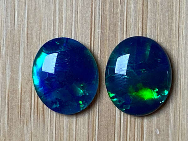 Natural Australian Opal Triplet Pair, Black With Very Bright Greens and Blues 12x10mm
