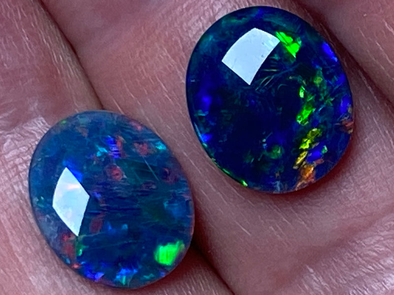 Natural Australian Opal Triplet Pair, Black With Very Bright Greens, Reds and Blues 12x10mm