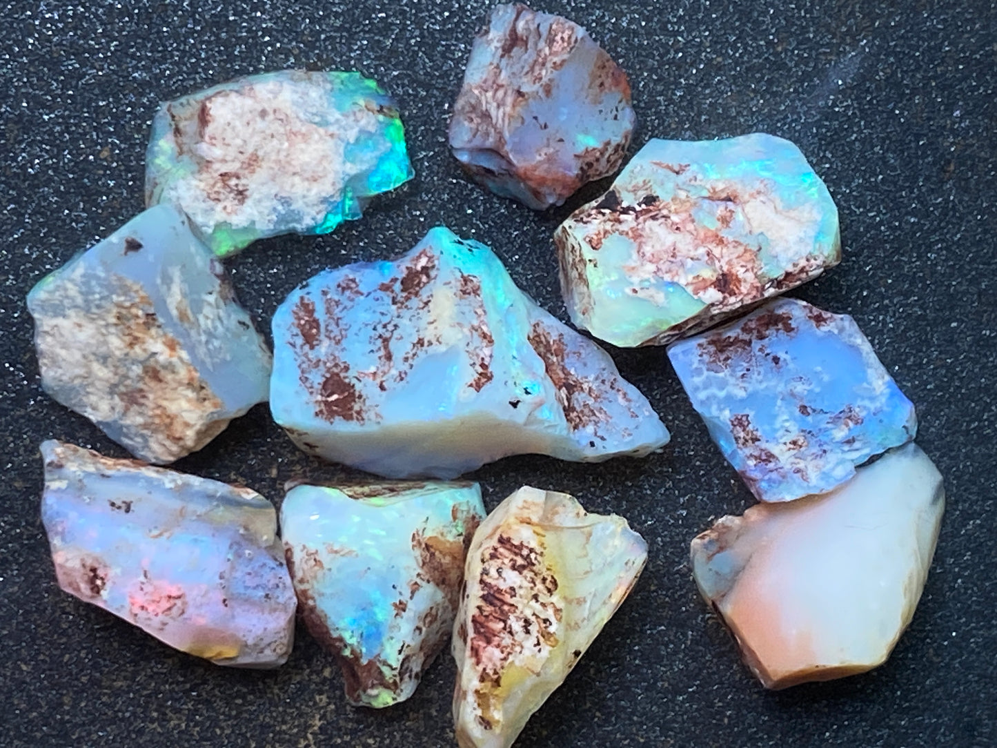 50 Carats, Natural Australian Dark Crystal Opal Parcel, 10 Lambina Small Stones In The Rough