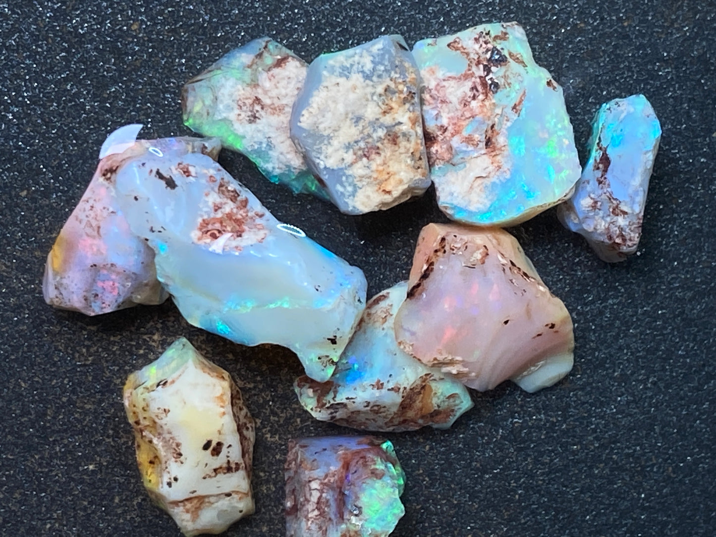 50 Carats, Natural Australian Dark Crystal Opal Parcel, 10 Lambina Small Stones In The Rough