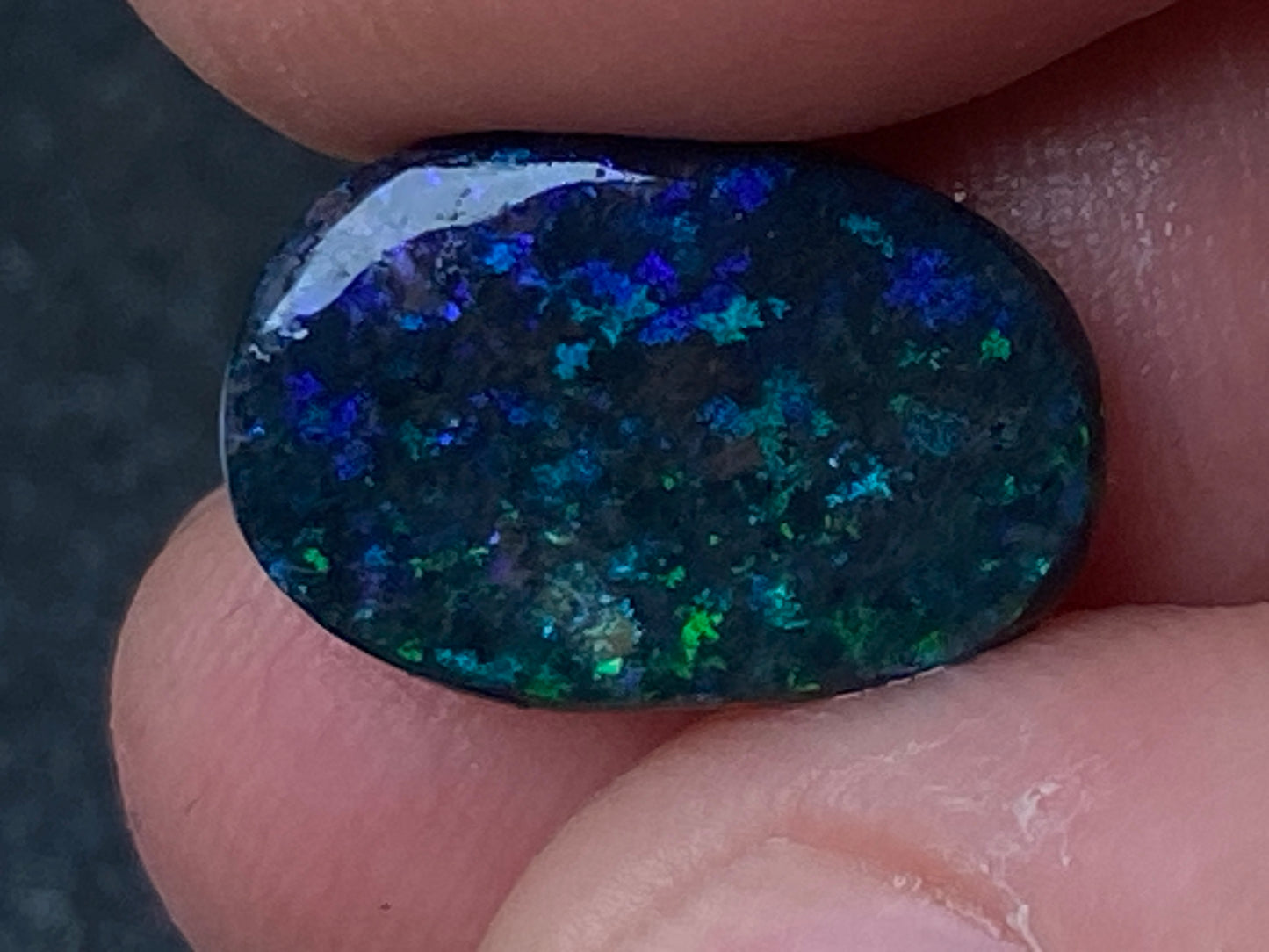 3.8 Carats, Andamooka Matrix Solid Black Opal, 14x10 Oval, Polished, Bright Greens and Blues