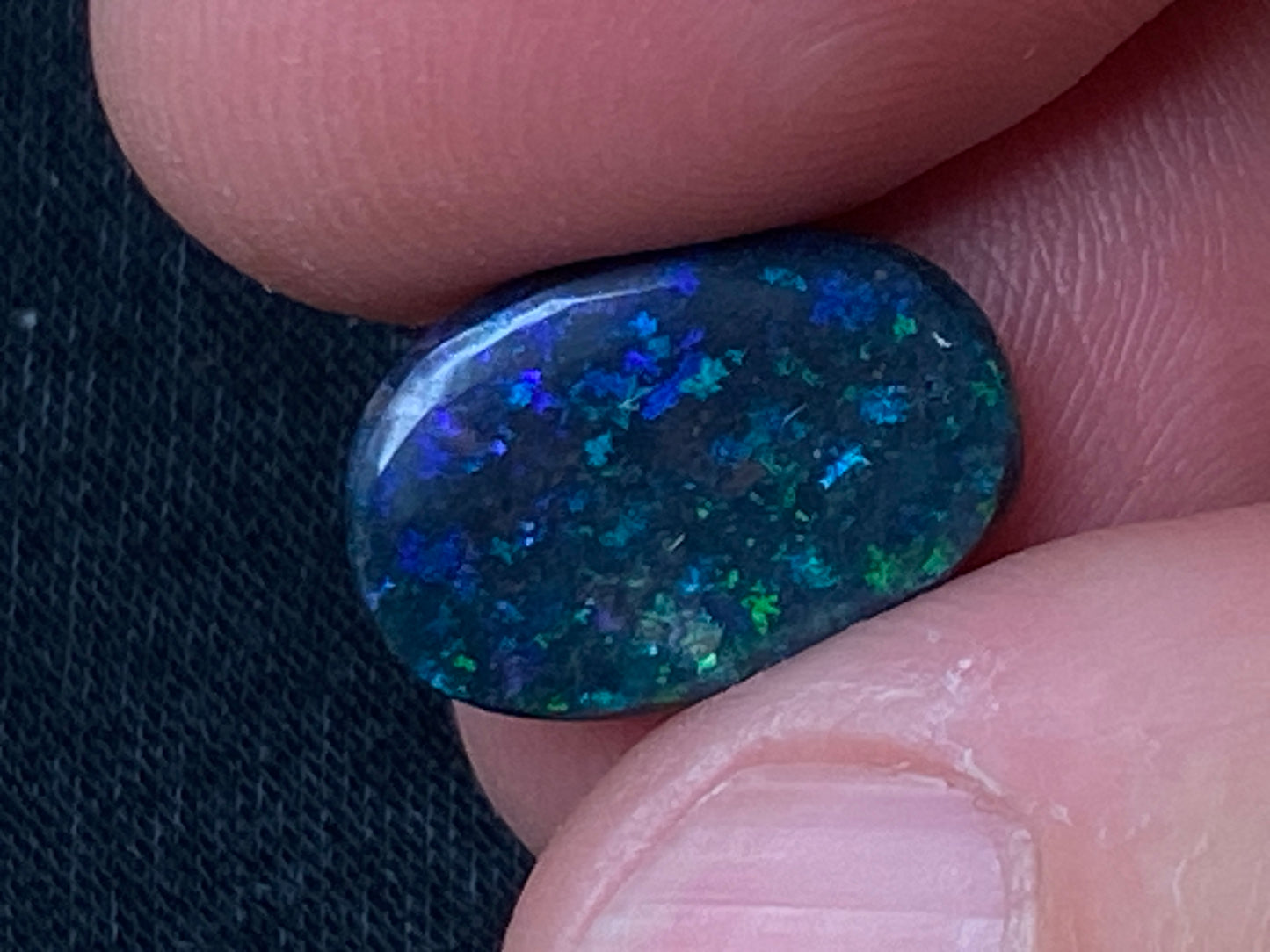 3.8 Carats, Andamooka Matrix Treated Solid Black Opal, 14x10 Oval, Polished, Bright Greens and Blues