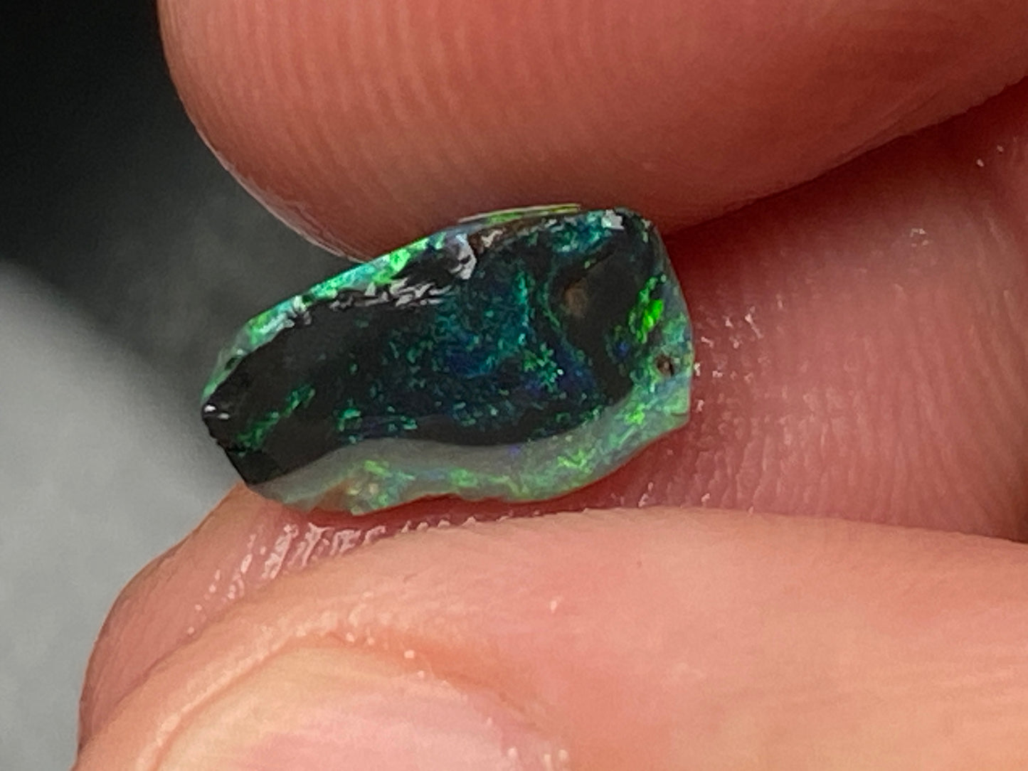 6.3 克拉闪电山脊黑欧泊磨擦包裹，4 颗宝石，亮绿色和蓝色。
