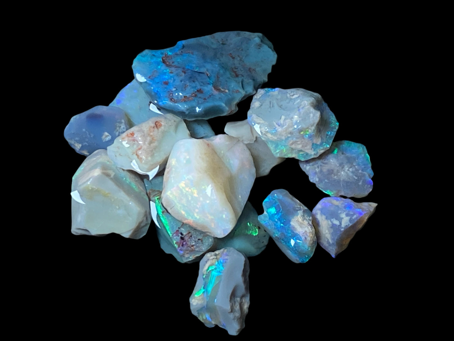 70 Cts, Natural Australian Opal Parcel, 13 Stones Lightning Ridge In The Rough, Crystal and Black